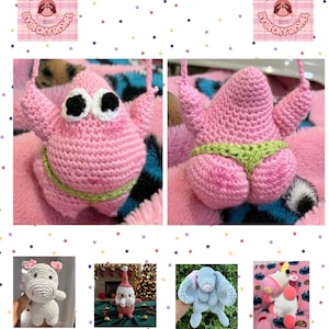 May include: A crochet pattern titled Pink Fairy Patrick Pattern featuring a pink starfish character with large white and black eyes wearing a light green thong. Additional images show a white hippo, a Santa Claus figure, a blue rabbit, and a unicorn.