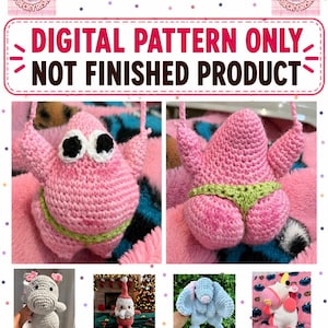 Pode incluir: Um padrão digital de crochê para um personagem de estrela-do-mar rosa com grandes olhos brancos e pupilas pretas, vestindo shorts verdes. A imagem inclui o texto Pink Fairy Patrick Pattern e Digital Pattern Only Not Finished Product.