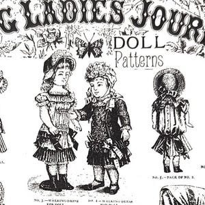 May include: An antique illustration from "The Young Ladies Journal" featuring doll patterns. The black and white image includes drawings of doll dresses and figures, with text and floral embellishments.