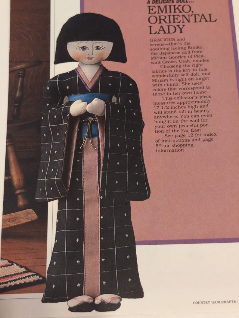 Patrón de muñeca de tela vintage, muñeca japonesa Emiko con kimono (Descarga instantánea en PDF) imagen 1