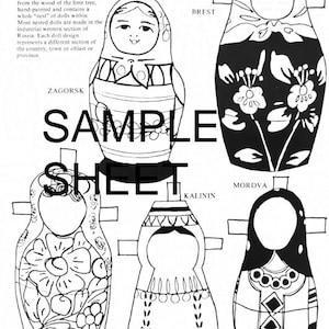 May include: Black and white illustration of Russian Matryoshka paper dolls. The sheet includes six different designs, each representing a different region. The text "SAMPLE SHEET" is printed across the center of the image.