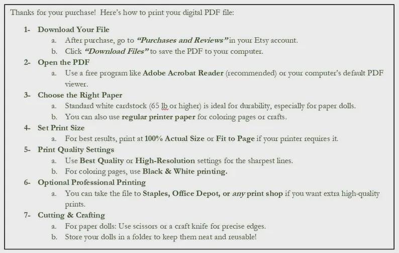 Puede incluir: Un documento blanco con texto negro que proporciona instrucciones sobre c&oacute;mo imprimir un archivo PDF digital. Los pasos incluyen la descarga, la apertura del PDF, la elecci&oacute;n del papel, el tama&ntilde;o de impresi&oacute;n, la calidad de impresi&oacute;n y el corte.