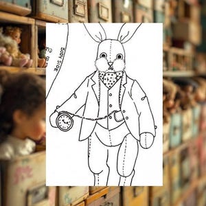 May include: A black and white illustration of a rabbit wearing a suit and holding a pocket watch. The rabbit has a dotted bow tie and a vest. The words "Body Side" are written on the left side of the image. The rabbit is a design for a stuffed animal.