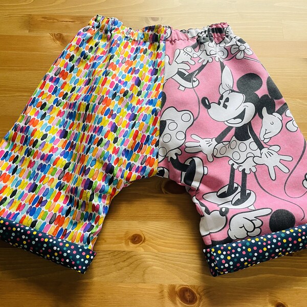 Reversible Vintage Bed Sheets Disney Minnie mouse Toddler pants Child Kids baby Handmade Gift upcycle sustainability watercolor polka dots