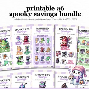 Może przedstawiać: Dziesięć drukowanych wkładów do wyzwania oszczędzania w stylu Halloween w formacie A6 (3,5" x 6,35"). Każdy wkład przedstawia inny napój w stylu Halloween z miejscem na zapisanie celu oszczędzania. Wkłady idealnie nadają się do wyzwania budżetowego w stylu Halloween.