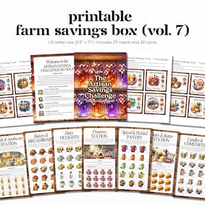 May include: Printable farm savings box game expansion pack, volume 7. The Artisan Savings Challenge Farmhouse Expansion Bundle includes 29 inserts and 28 cards. The game features a variety of jars, jars of jam, jars of pickles, jars of candles, jars of cheese, jars of bread, and jars of butter.