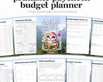 May include: A printable paycheck budget planner with 12 pages, available in Personal A6 and A5 sizes. The cover features an owl illustration with the text "The National Park Paycheck Budget Planner". Includes various financial tracking pages.