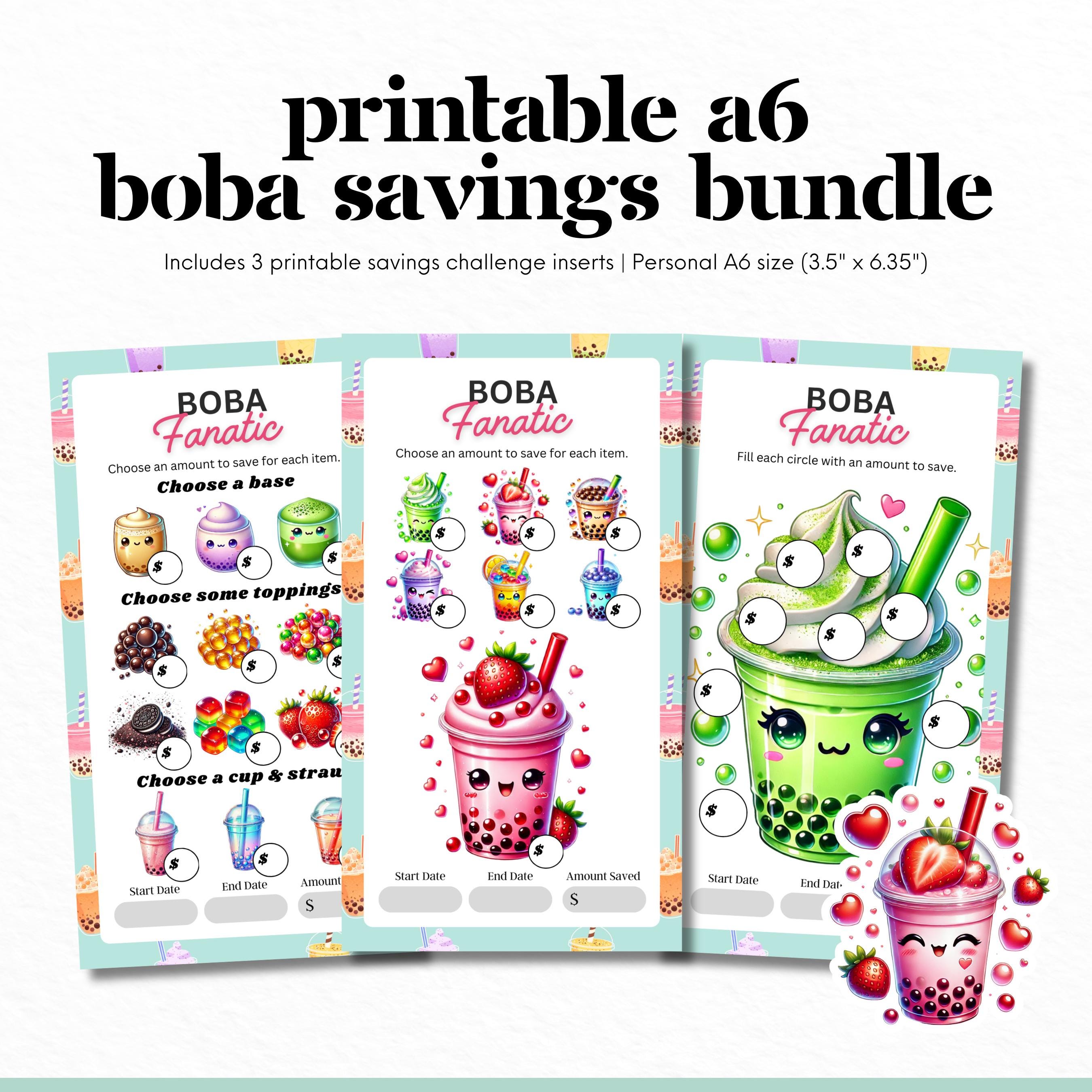 Printable A6 Boba Savings Challenge Bundle, Cash Envelope Insert, Cute Bubble Tea A6 Savings Insert, Low Income Challenge, Cash Stuffing