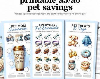 May include: Printable pet savings inserts with categories like "Pet Mom Accessories" and "Pet Treats & Toys." Each insert features illustrations of pet-related items and savings trackers. The text "Dog Hair, DON'T CARE Dog Mom" is on a coffee cup.