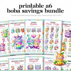 Può includere: Un set di 12 fogli di risparmio stampabili in formato A6 con diversi design che presentano il tè boba. Ogni design ha un tema diverso, come "Boba Besties", "Flavor Frenzy" e "Winter Boba Menu".