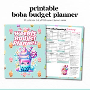 May include: Printable boba budget planner with a cute cartoon boba tea character. The planner includes pages for weekly and monthly budgeting, with sections for income, bills and expenses, cash envelopes, savings, debt repayment, and reviewing goals. The planner is designed for US Letter size paper (8.5 x 11 inches).