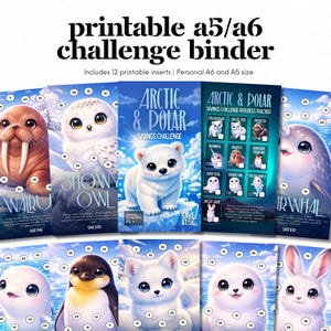 Puede incluir: Carpeta de desafío A5/A6 imprimible con ilustraciones de animales árticos. Incluye una morsa, un búho nival, un oso polar, un narval y un zorro ártico. La carpeta incluye un rastreador de progreso de ahorro.