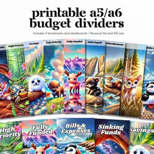 Könnte beinhalten: Eine Sammlung druckbarer A5/A6 Budget-Trennwände mit farbenfrohen Illustrationen. Die Trennwände umfassen Kategorien wie Sparen, Schuldenrückzahlung und Rücklagen. Der Text lautet "printable a5/a6 budget dividers" und "Includes 9 bookmarks and dashboards | Personal A6 and A5 size."