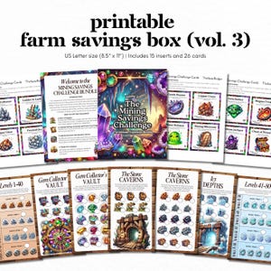 May include: Printable "Farm Savings Box" (vol. 3) game for kids. The game includes 15 inserts and 26 cards with a mining theme. The cards feature colorful illustrations of gems, crystals, and other mining-related items. The game is designed to help kids learn about saving money.