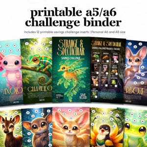 Puede incluir: Un conjunto de insertos imprimibles para carpetas de desafíos A5/A6. Los insertos presentan ilustraciones coloridas de varios animales, incluyendo un ajolote, un camaleón y un zorro fennec. Cada inserto está diseñado para rastrear el progreso del ahorro.