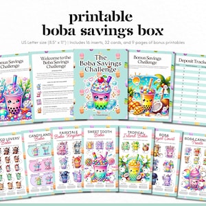 May include: A collection of colorful printable boba savings box inserts, cards, and bonus pages. The main image features a cute boba drink illustration with the text "The Boba Savings Challenge". The US Letter size is 8.5" x 11".