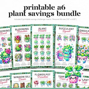 Pode incluir: Nove insertos de desafio de poupança imprimíveis no tamanho A6 (3,5" x 6,35") com plantas de desenhos animados fofinhas. Cada inserto tem um tema diferente, como "Belezas Floridas", "Pai Planta", "Esquadrão de Suculentas", "Paraíso Inferior", "Decoração de Peitoril da Janela", "Paraíso de Vasos de Flores", "Delícias de Terrário" e "Café de Plantas".