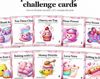 May include: Printable Valentine's Day savings challenge cards featuring cute cartoon illustrations of various baking-themed items. Each card has a pink background with a white border and includes a challenge to save money on baking supplies. The challenges include saving money on ingredients like sugar, flour, and honey, as well as saving money on baking tools like oven mitts and rolling pins.