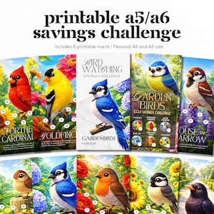 May include: Printable A5/A6 savings challenge inserts featuring colorful illustrations of various birds, including a cardinal, goldfinch, and blue jay. The inserts are designed for personal A6 and A5 size planners.