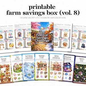 Puede incluir: Un conjunto de caja de ahorros de granja imprimible volumen 8 con páginas de 21,59 cm x 27,94 cm. La colección incluye 44 insertos y 26 tarjetas con ilustraciones coloridas de temas de festivales, como Harvest Fair, Egg Hunt y Moonlight Festival.