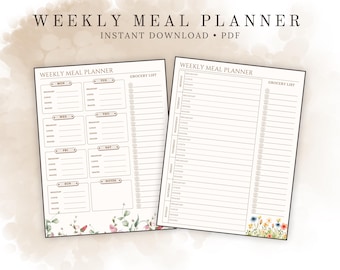 May include: Two-page weekly meal planner with floral details. The left page has a day-by-day layout with sections for meals. The right page is a grocery list. Text includes "WEEKLY MEAL PLANNER" and "INSTANT DOWNLOAD • PDF."