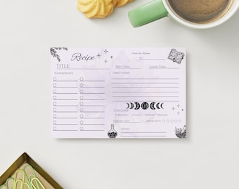 May include: A recipe card with a purple and white floral design. The card includes sections for the title, ingredients, prep time, cook time, directions, category, serving size, and notes. Decorative elements include stars, moons, and botanical illustrations.
