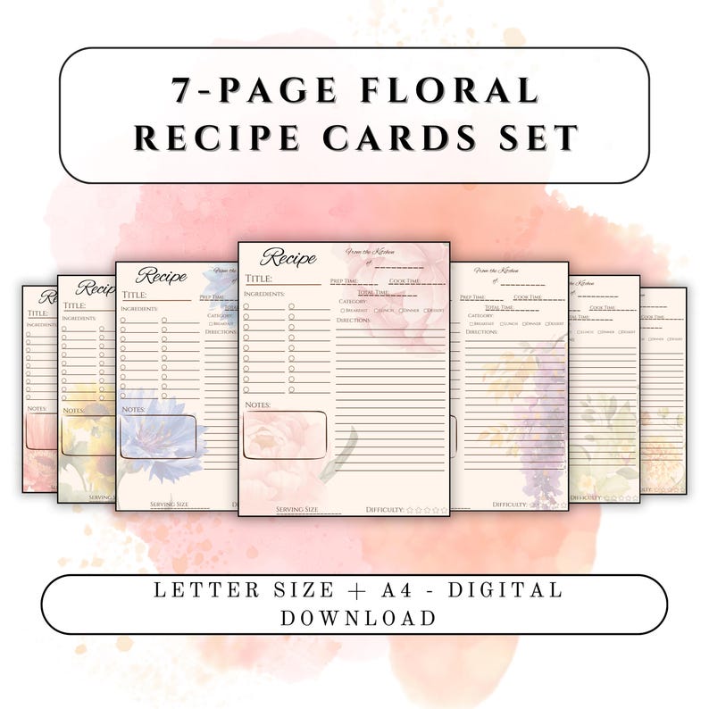 Elegant Floral Recipe Card Bundle | 7 Botanical Designs | Printable ...