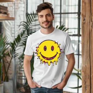Melting Smiley Face Unisex T-Shirt - rave smiley tee, smiley face Retro Psychedelic Graphic Tee, Groovy Streetwear for Ravers & Trendsetters