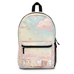 Kawaii Pastel Cartoon Backpack - Cute Cat Bunny Teddy Bear Design School Bag for Kids & Teens - Whimsical Animal Print Travel Backpack