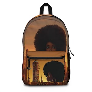 Afro-Futurist Kente Cityscape Unisex Backpack - Cultural African Art School & Travel Bag - Black Girl Magic and Heritage-Inspired Design