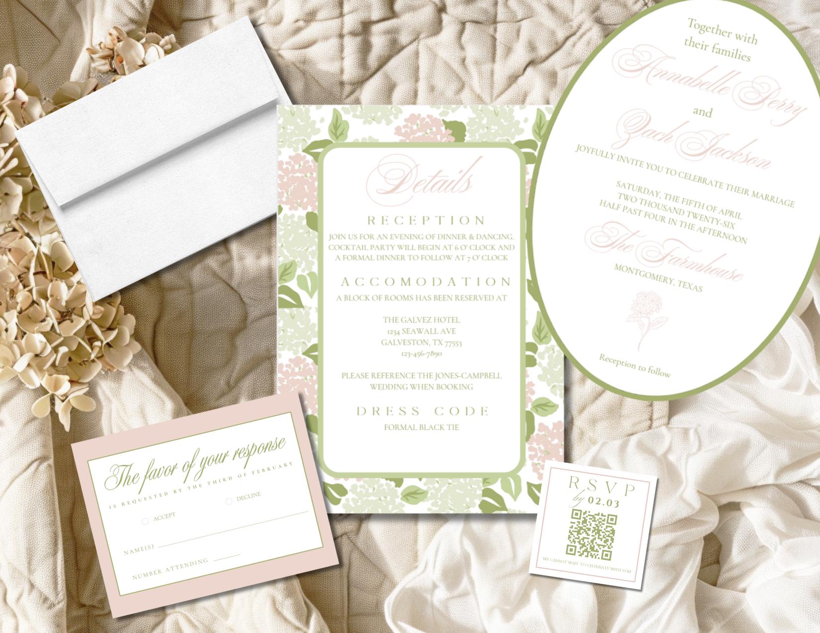 Hydrangea Wedding Invitation Suite Pink and Green Classic