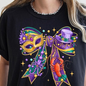 Mardi Ribbon Shirt, Coquette Mardi Tee, Comfort Colors, Crawfish Beads Tee, Mardi Gras Shirt, Masquerade Shirt, Jester Hat Tee, Carnival Tee