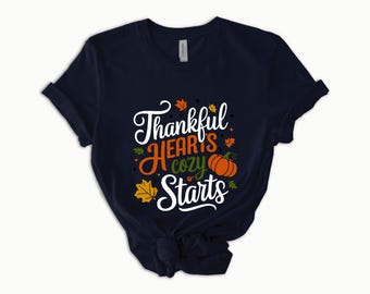 Thankful Hearts Cozy Start Shirt - Fall Leaves & Pumpkin Tee - Autumn Thanksgiving Outfit - Grateful Fall/spring Shirt- Mother's Day gift