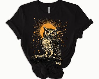 Linocut Shirt,Vintage Celestial Owl T-Shirt, Linocut-Style Comfort Tee,Folklore-Inspired Cosmic Shirt, Forestcore Aesthetic Enchanted Forest