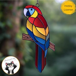 Parrot Bird Stained Glass Pattern, Colorful bird Suncatcher Template, DIY Glass Art, Digital Download, Parrot Pattern