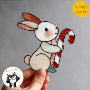 Christmas Rabbit Stained Glass Pattern, Bunny Suncatcher Template, DIY Pet Glass Art, Digital Download, Candy Cone Pattern