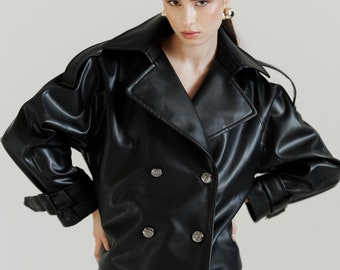 Chic Black Eco-leather Jacket With Statement Lapels and Buckle Detail  Bomber Leather Jacket Premium Classic Leather - Etsy