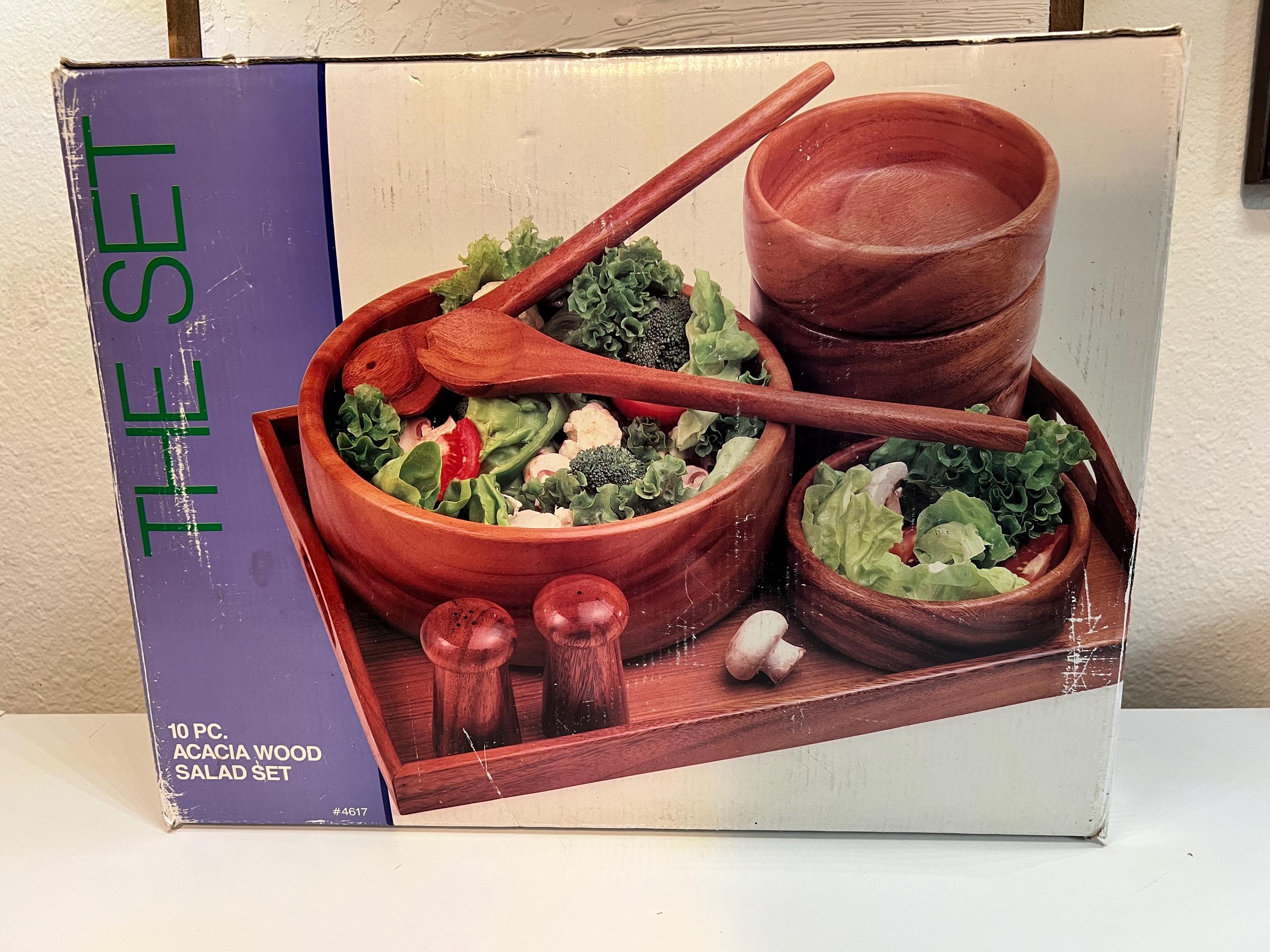 10-piece Acacia Wood Salad Bowl Set With Tray, Utensils, and Bowls