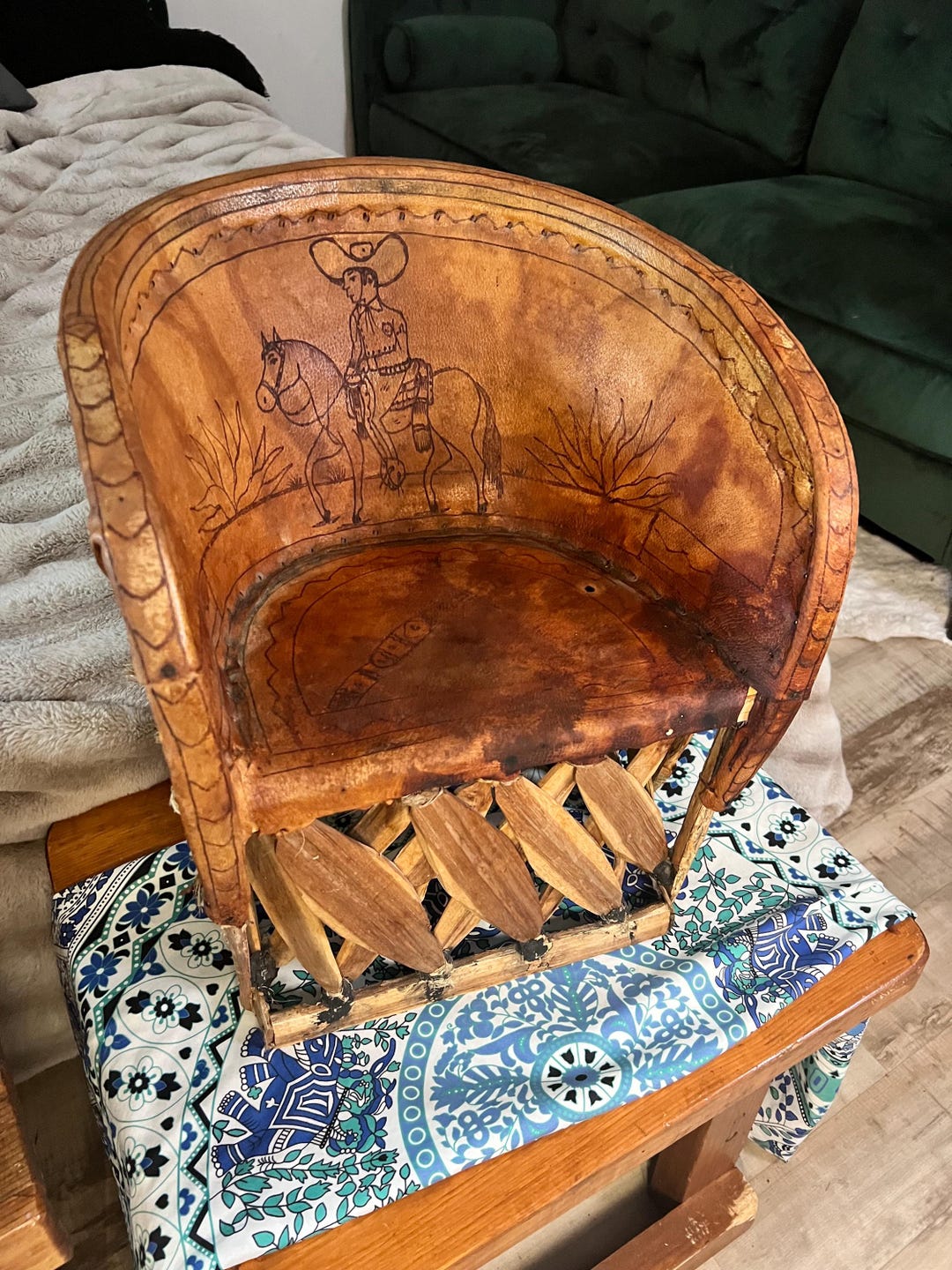Vintage Mexican Equipale Leather Child Chair: Hand-etched Cowboy