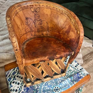 Vintage Mexican Equipale Leather Child Chair: Hand-Etched Cowboy Decor