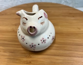 Vintage Pig Creamer: Ceramic Syrup Pitcher with Floral Accents