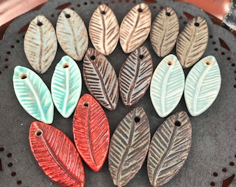 Handmade Ceramic Leaf  Feather Style Beads: Handmade Jewelry Supplies