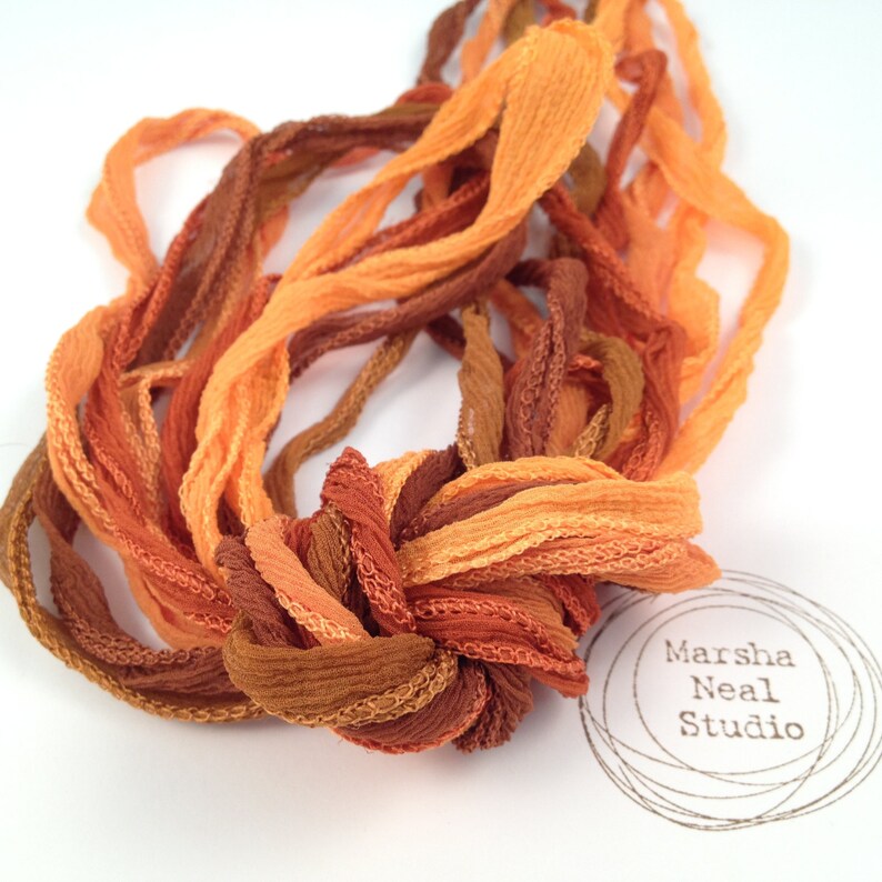 Hand Dyed Silk Ribbon Silky Ribbon Fairy Ribbon Jewelry Supplies Wrap Bracelet Craft Supplies Copper Pumpkin Color Palette image 3