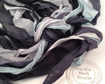 Hand Painted Silk Ribbon: Storm Clouds Palette. Jewelry Supplies by Marsha Neal Studio