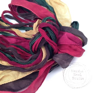 Hand Painted Silk Ribbon: Colonial Traditional Christmas Palette. Jewelry Supplies by Marsha Neal Studio