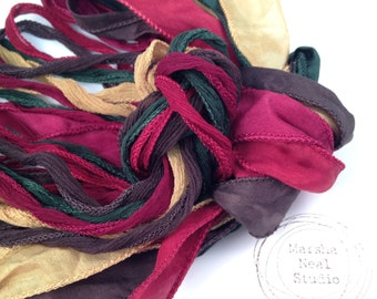Hand Painted Silk Ribbon: Traditional Christmas Color Palette. Jewelry Supplies by Marsha Neal Studio