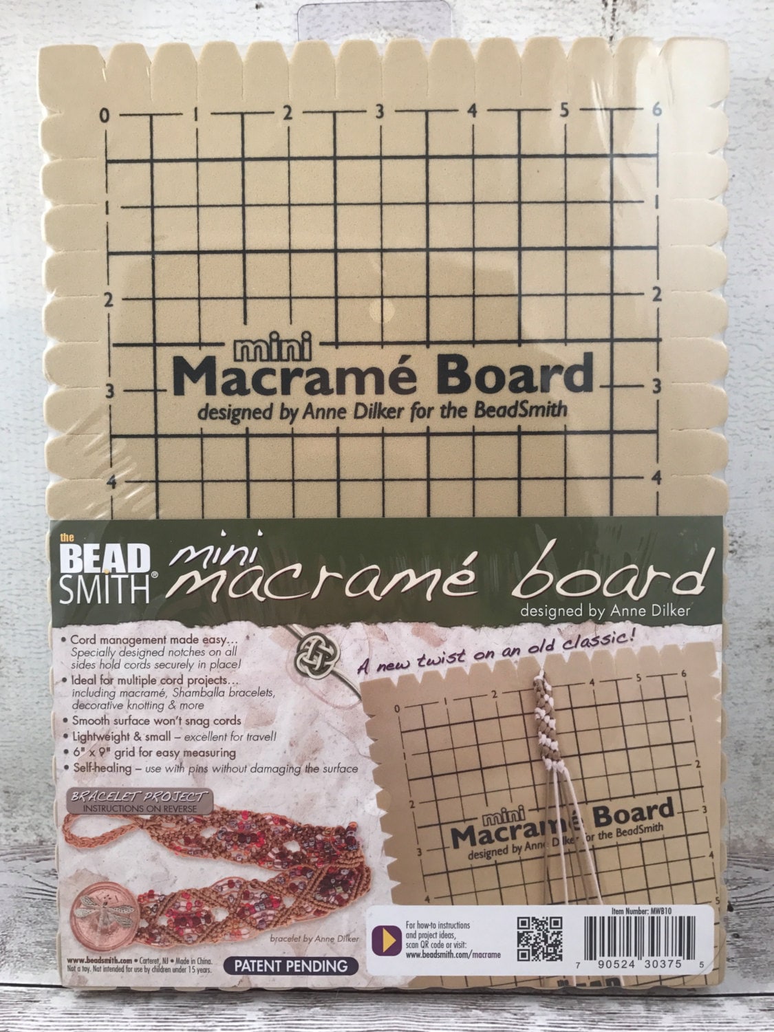 The Beadsmith Mini Macrame Board, 7.5 x 10.5 inches, 0.5-inch-Thick Foam, 6  x 9 Grid for Measuring, Bracelet Project with Instructions Included