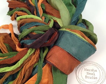 Hand Painted Silk Ribbon: Fall Foliage Colors, Jewelry Supplies by Marsha Neal Studio