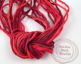 Hand Dyed Silk Cord - Silk Ribbon - Jewelry Supplies - Wrap Bracelet - Craft Supplies - Hand Painted 2mm Silk Cords in Holiday Reds