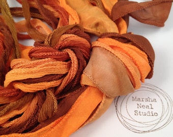 Hand Dyed Silk Ribbon: Orange Copper Rust Palette. Jewelry Supplies by Marsha Neal Studio